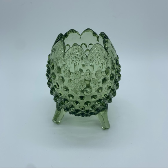 Vintage Fenton Tripod Avocado Green Hobnail Art Glass Vase - Picture 3 of 6